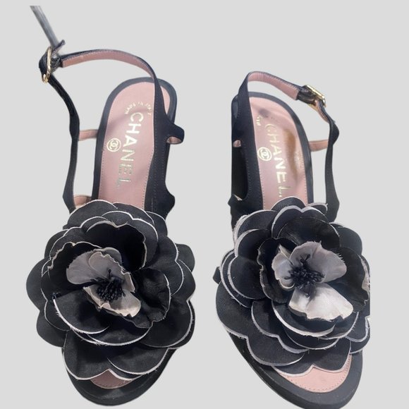 CHANEL Shoes - Authentic Chanel 09c Black Camelia Flower Sandal 4" Wedge Heels (Sz. 36.5)